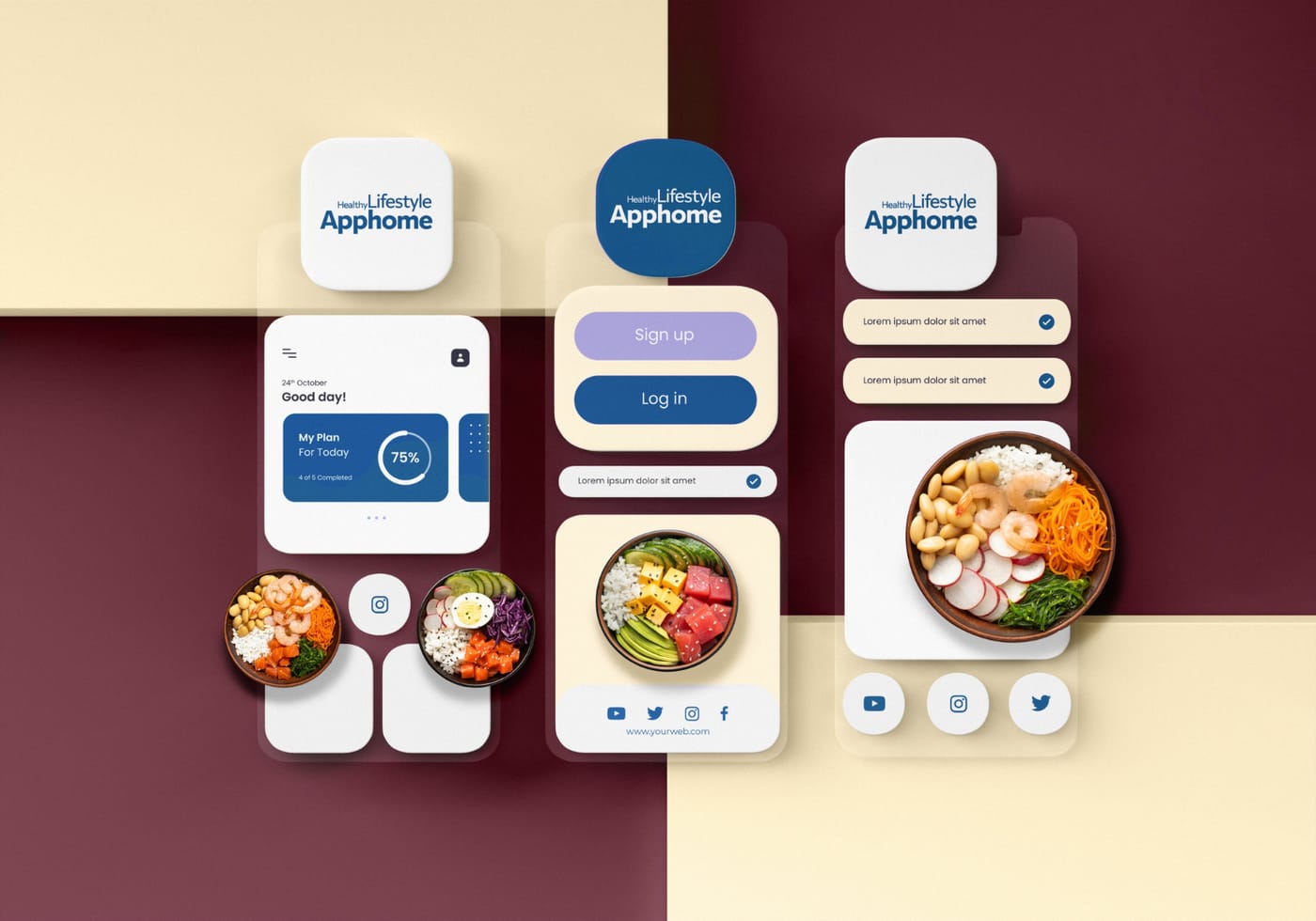 Mobile app interface screens shown on several phones