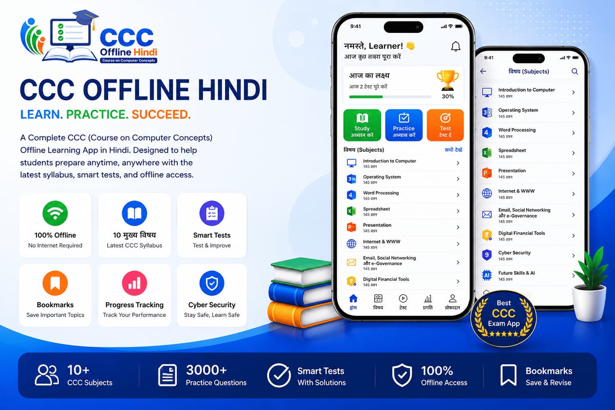 CCC Exam Prep app screens shown on phones
