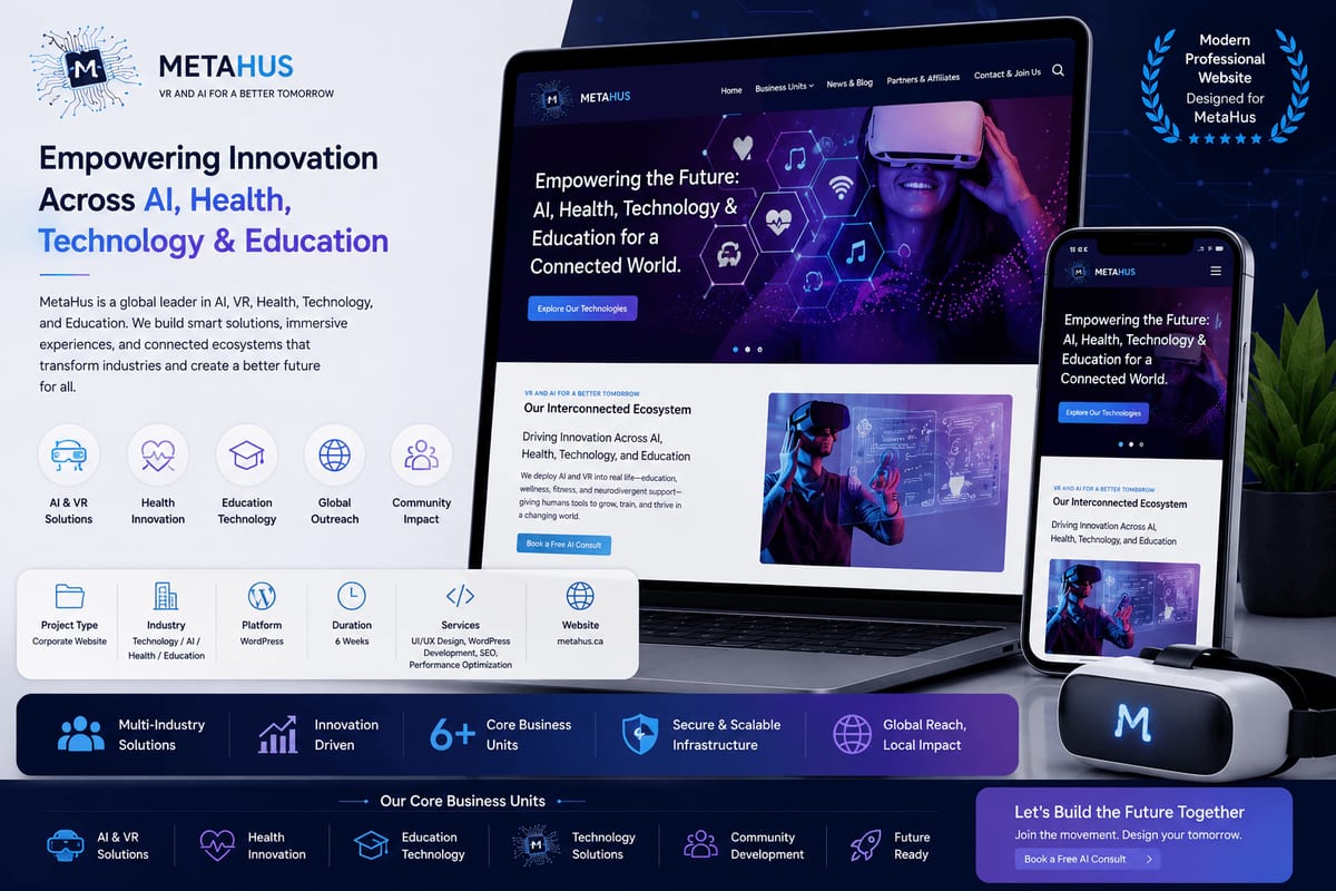 MetaHus website shown on a laptop and phone, with project details