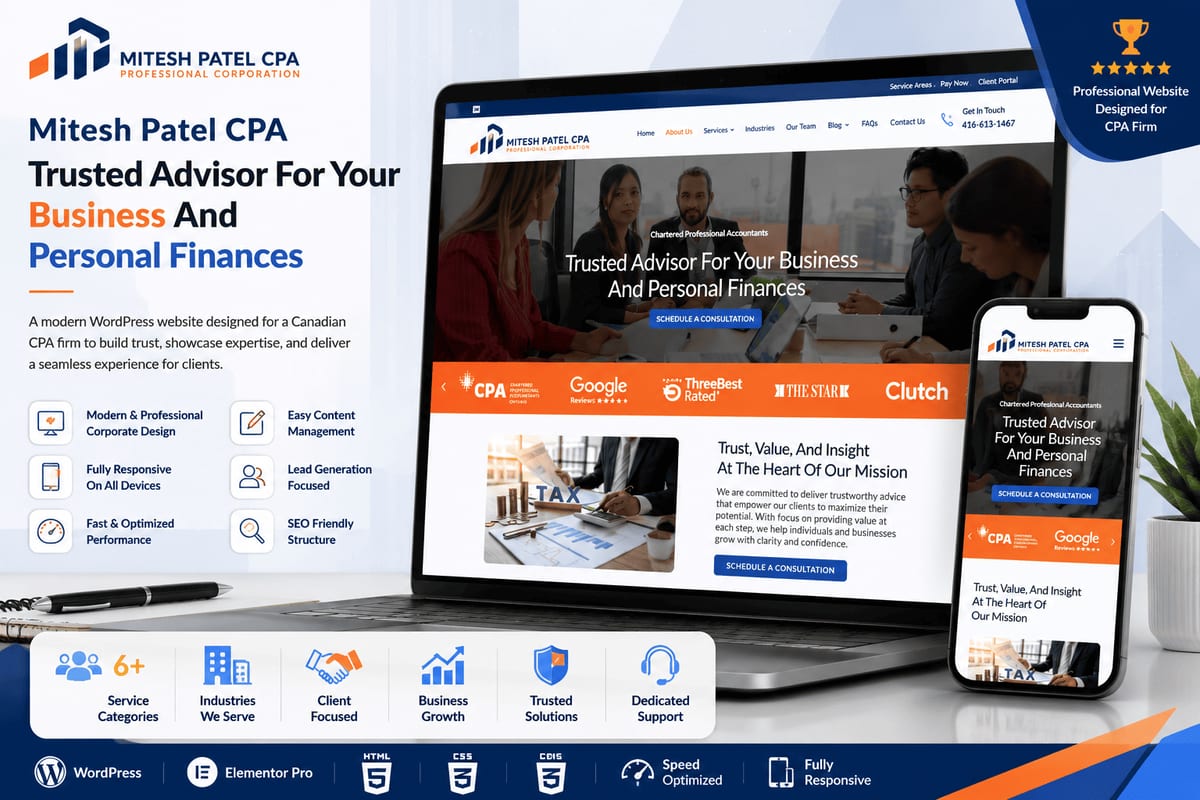 Mitesh Patel CPA website shown on a laptop and phone, with project details