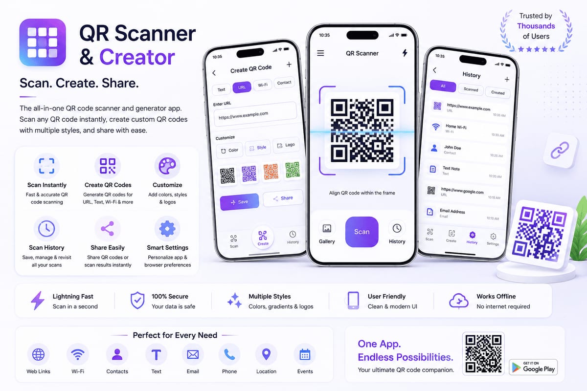 QR Scanner & Creator app screens shown on three phones